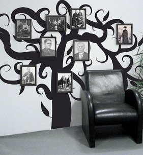 Släktträd på väggen med tavlor